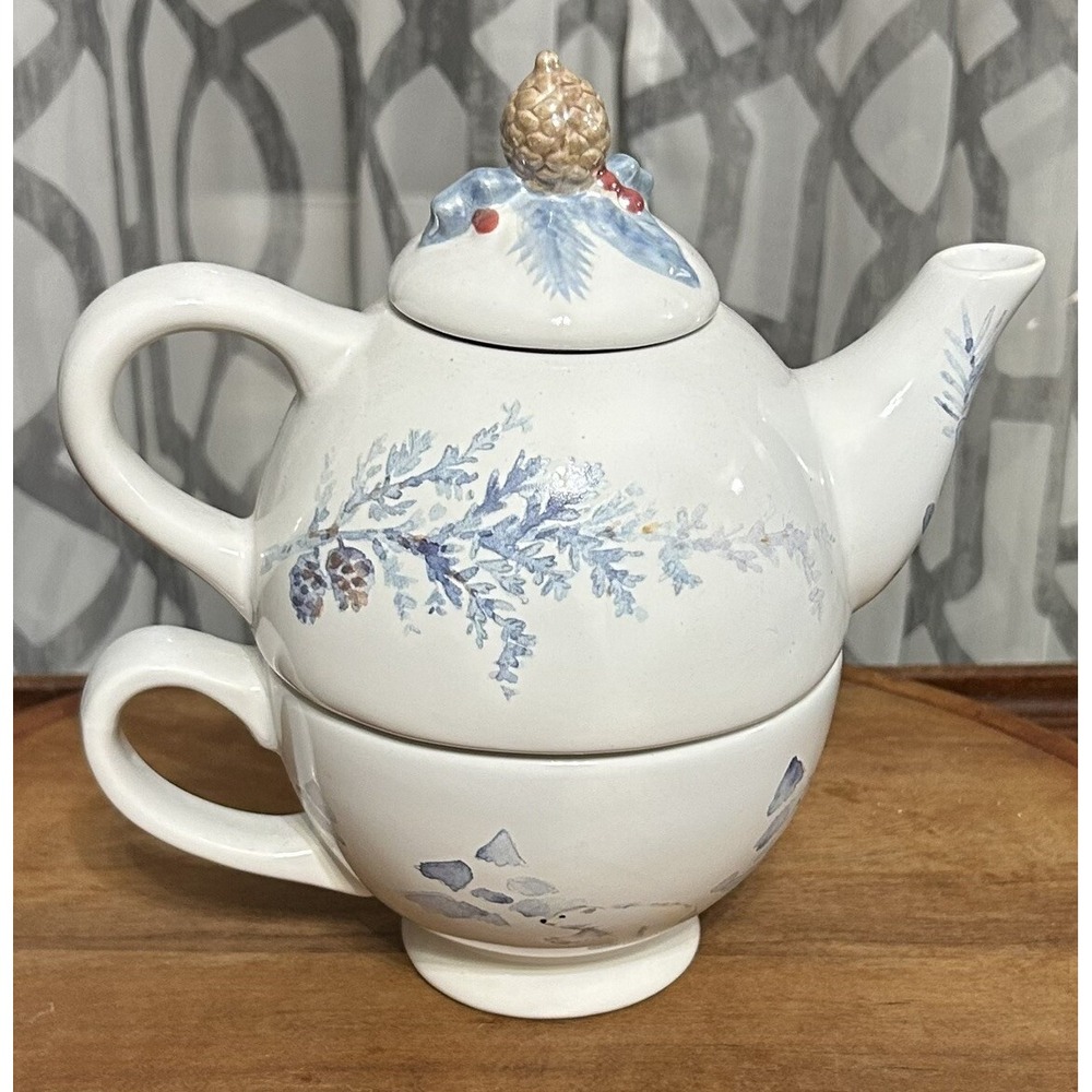Pfaltzgraff Winter Forrest Woodland Tea For One Teapot and Cup Set Pinecone Vtg